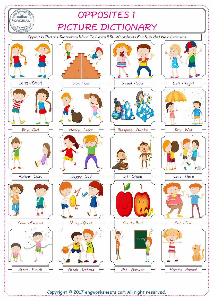  Opposites English Worksheet for Kids ESL Printable Picture Dictionary 